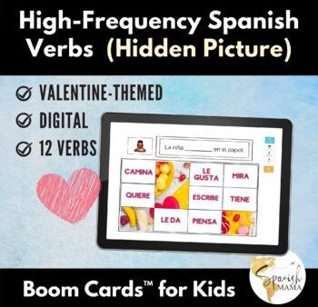 High-Frequency Verbs in Spanish Boom Cards with Valentine-Themed Hidden Picture Online Sale