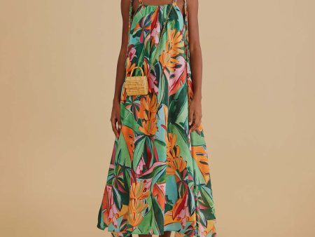 Multicolor Banana Foliage Sleeveless Midi Dress Online Hot Sale