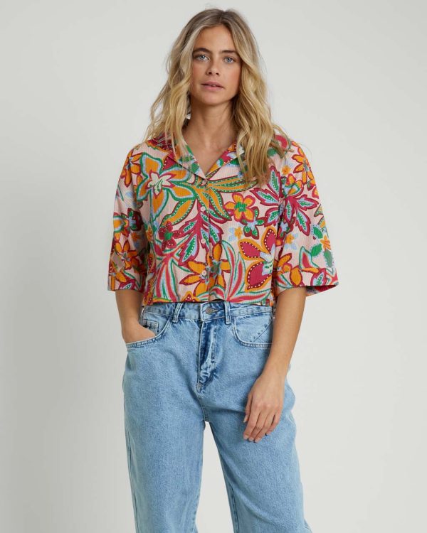 Botanical Seersucker Cotton Crop Shirt Online Sale