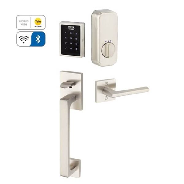 Emtek EMP1103GVLH Electronic Empowered Motorized Touchscreen Keypad Smart Lock Entry Set with Baden Grip - works with Yale Access , Geneva Lever , LH Sale